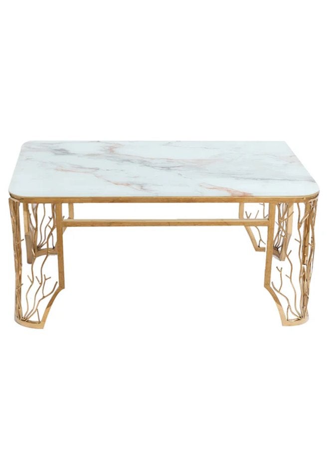Center Table, Rectangular Tree Shape With Marbled Glass Gold Stainless Steel